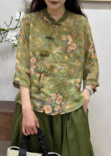 Women Green Chinese Button Print Linen Shirt Bracelet Sleeve JH005 MMDM-HTP240717