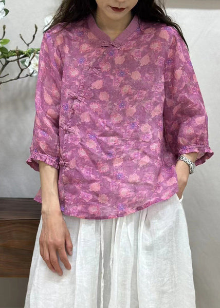 Women Green Chinese Button Print Linen Shirt Bracelet Sleeve JH005 MMDM-HTP240717