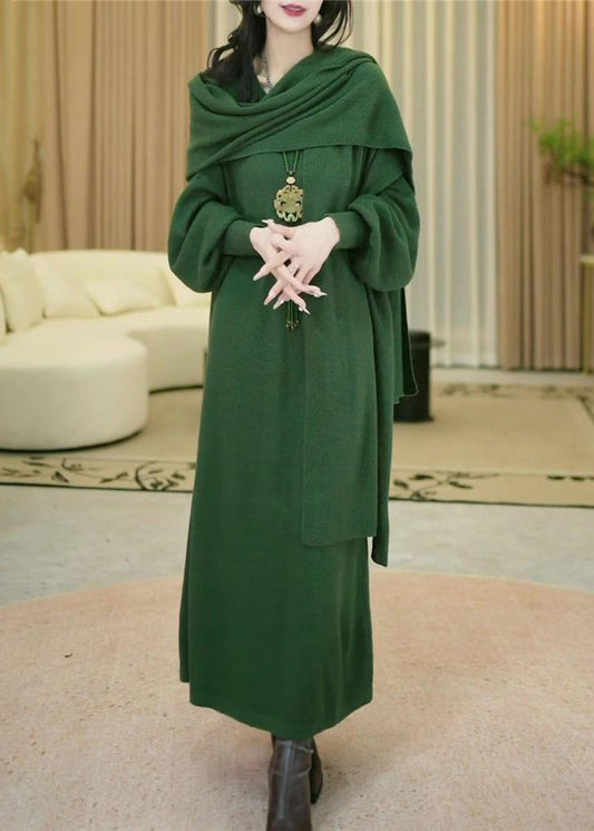 Women Green Cozy Solid Long Knit Dress Winter WM031 ABC