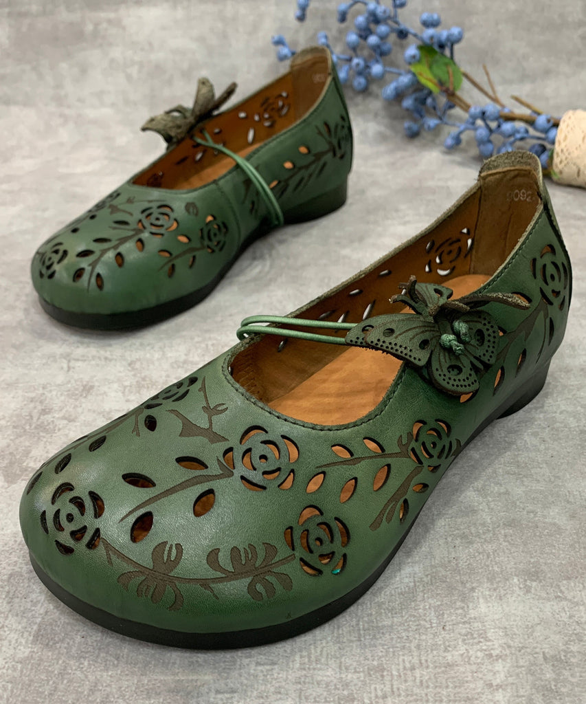 Women Green Hollow Out Genuine Leather Flat Feet Shoes RT1036 Ada Fashion