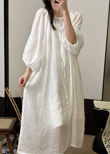 Women Green Lace Up Solid Linen Long Dresses Fall MN053 MMDM-FDL240704