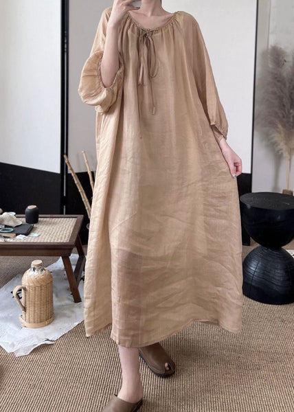 Women Green Lace Up Solid Linen Long Dresses Fall MN053 MMDM-FDL240704