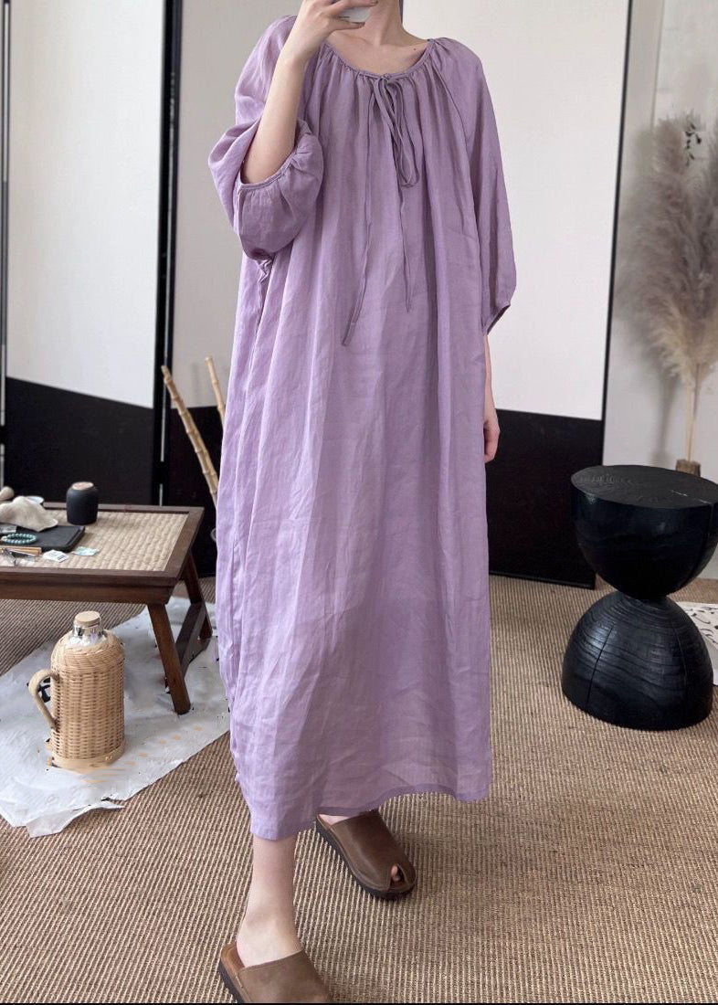 Women Green Lace Up Solid Linen Long Dresses Fall MN053 MMDM-FDL240704