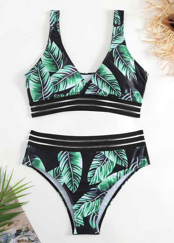 Women Green Leaf Printed High Waisted Split Bikini Swimwear Set GF044 Swim-QQT240716