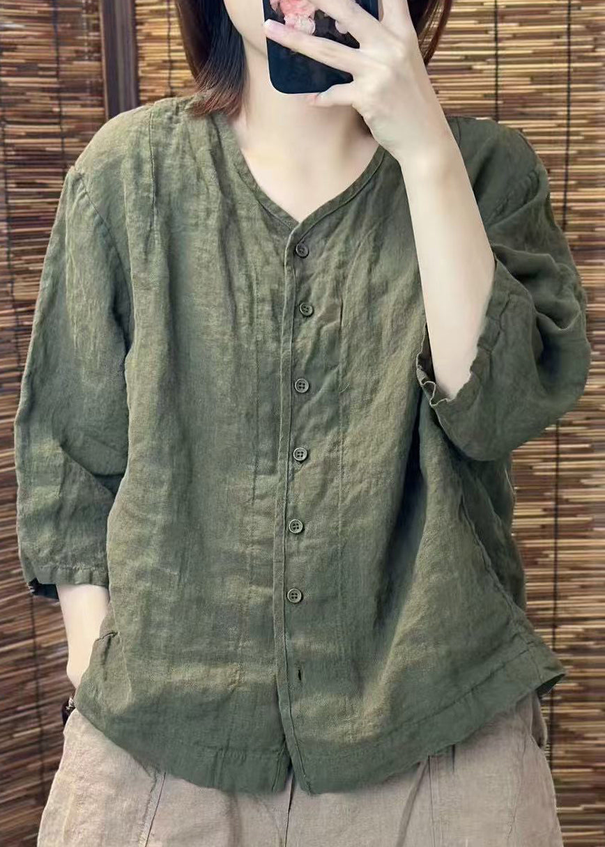 Summer Shirt Neck O Women Linen Button Green FashionChic