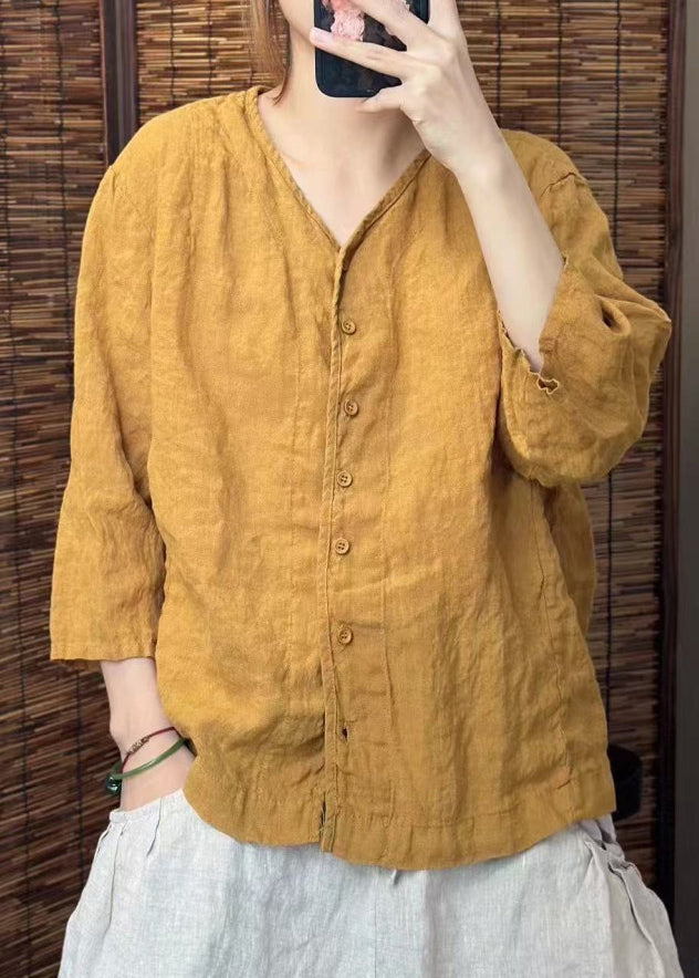 Summer Shirt Neck O Women Linen Button Green FashionChic