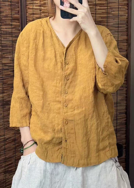 Summer Shirt Neck O Women Linen Button Green FashionChic