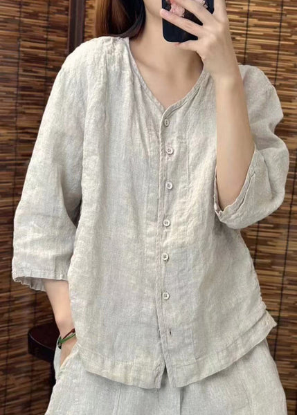 Summer Shirt Neck O Women Linen Button Green FashionChic