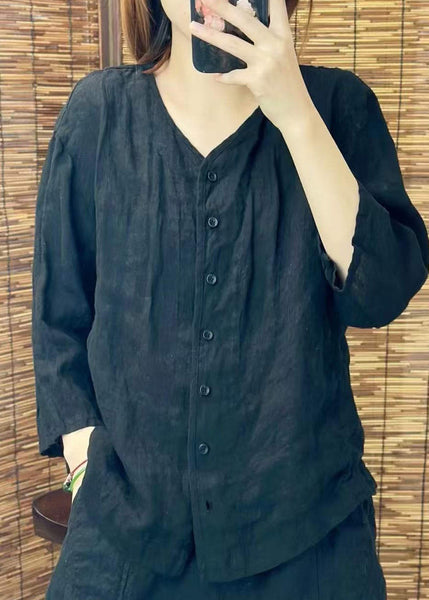 Summer Shirt Neck O Women Linen Button Green FashionChic