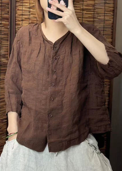 Summer Shirt Neck O Women Linen Button Green FashionChic