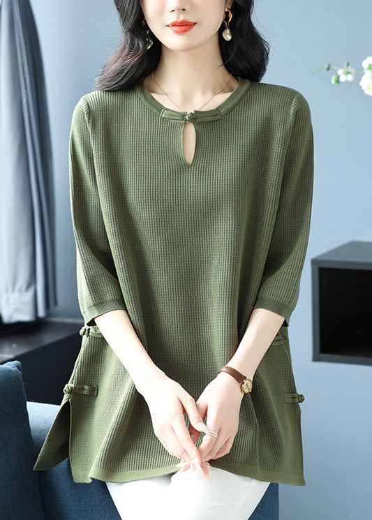 Women Green O Neck Oriental Button Ice Silk Knit Top Spring RL038 ABC