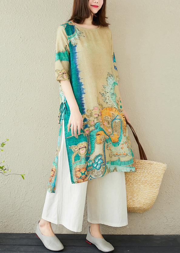 Oversized Print Summer Dress Linen Green Women FashionChic