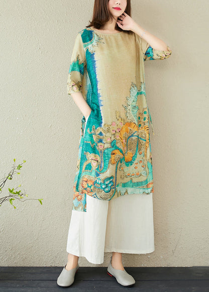 Oversized Print Summer Dress Linen Green Women FashionChic