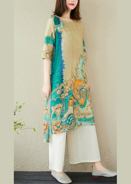 Oversized Print Summer Dress Linen Green Women FashionChic