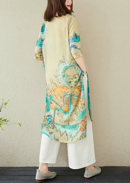 Oversized Print Summer Dress Linen Green Women FashionChic