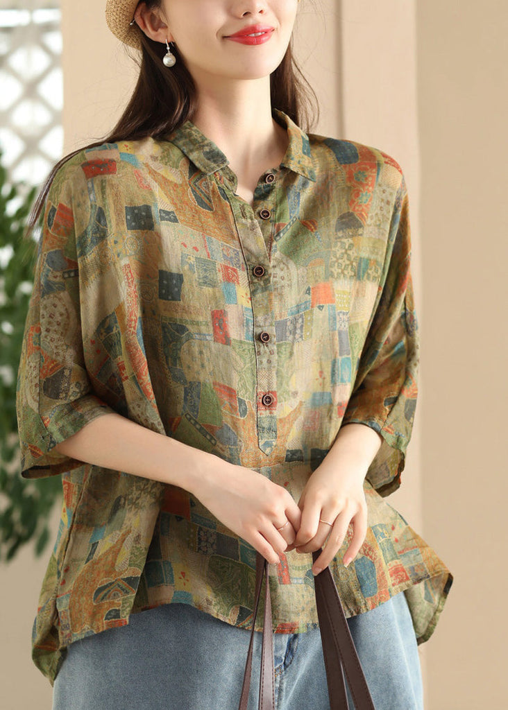 Women Green Peter Pan Collar Print Button Linen Shirt Summer LK028 GK-HTP240710