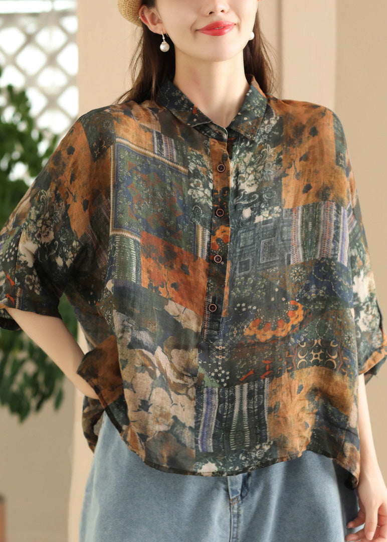 Women Green Peter Pan Collar Print Button Linen Shirt Summer LK028 GK-HTP240710