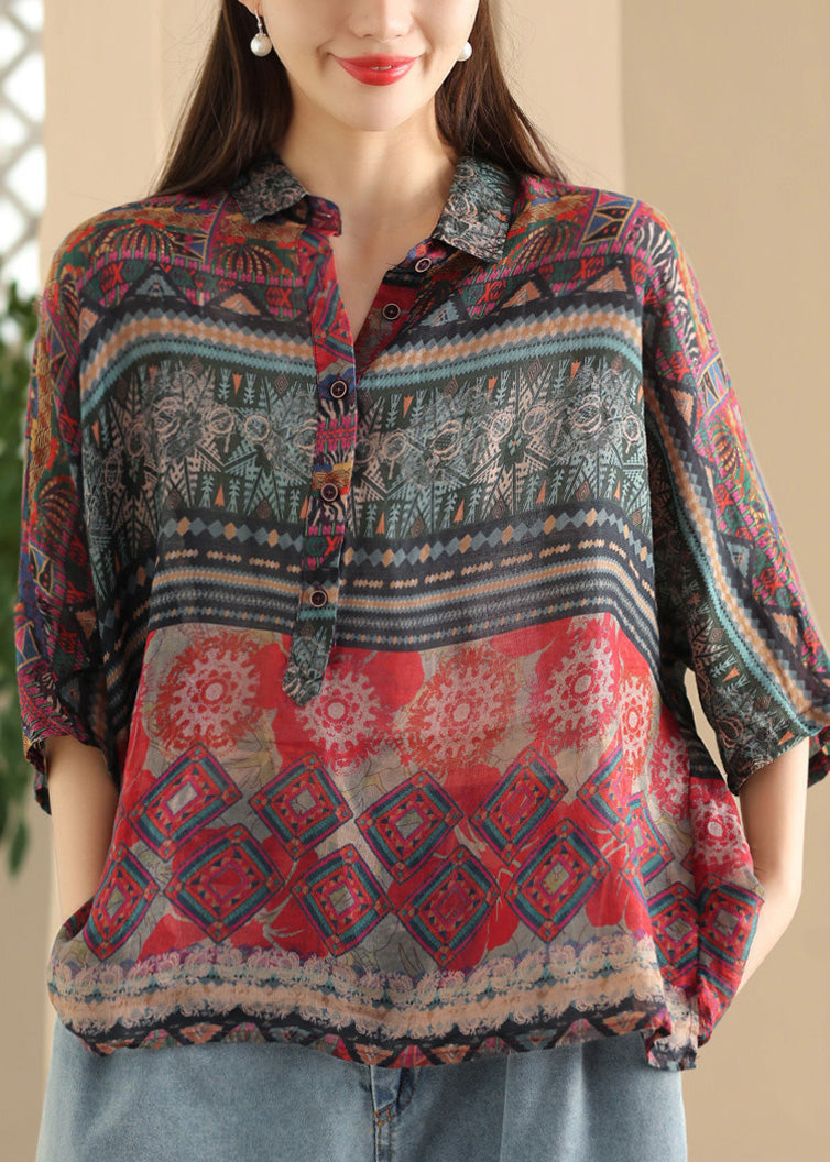 Women Green Peter Pan Collar Print Button Linen Shirt Summer LK028 GK-HTP240710