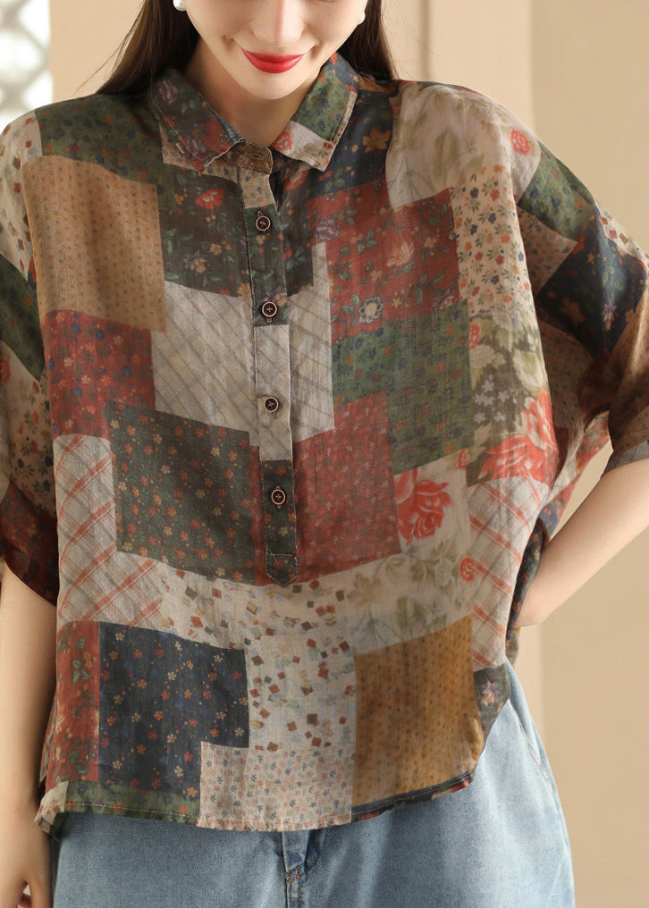 Women Green Peter Pan Collar Print Button Linen Shirt Summer LK028 GK-HTP240710