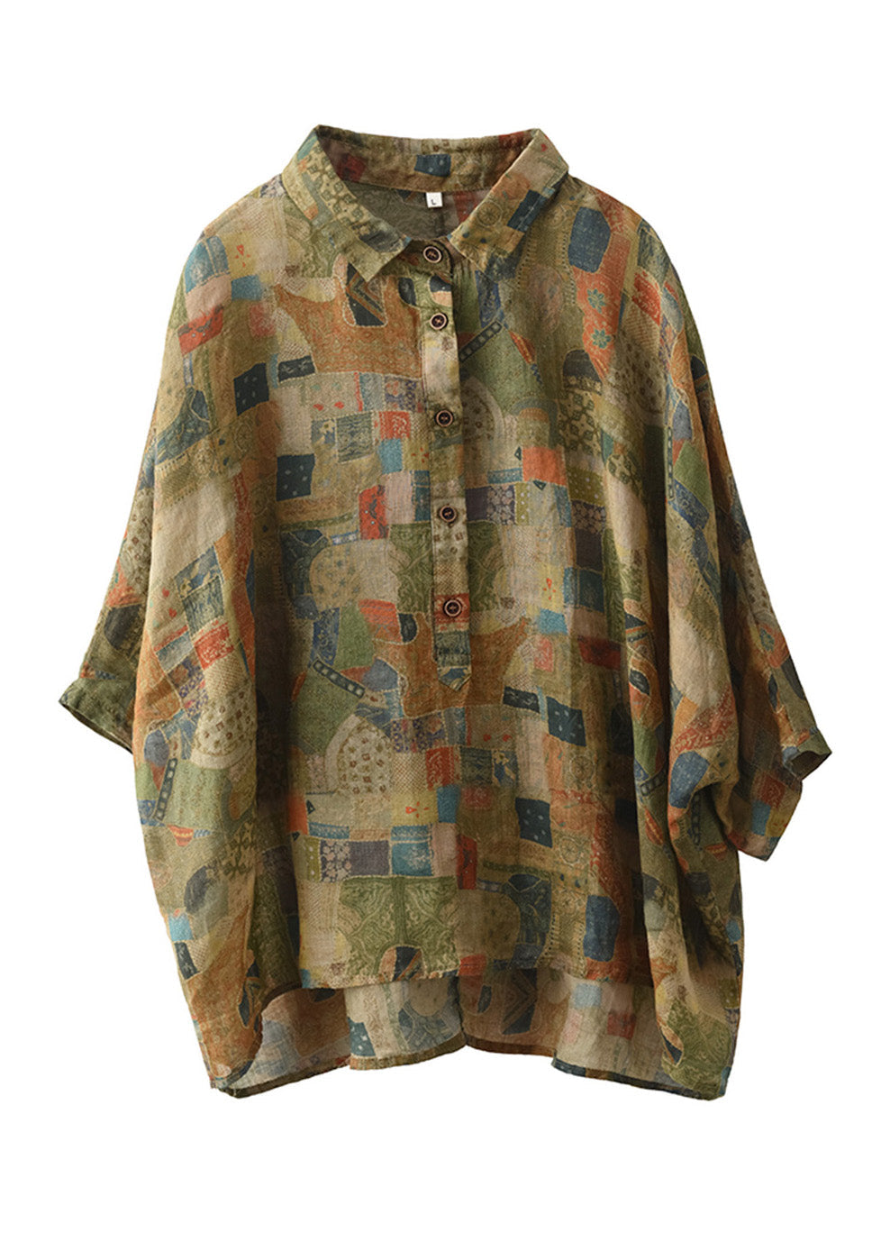 Women Green Peter Pan Collar Print Button Linen Shirt Summer LK028 GK-HTP240710