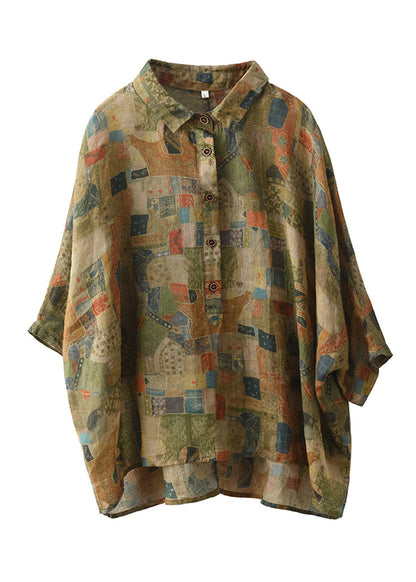 Women Green Peter Pan Collar Print Button Linen Shirt Summer LK028 GK-HTP240710