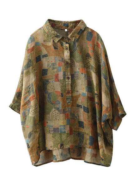 Women Green Peter Pan Collar Print Button Linen Shirt Summer LK028 GK-HTP240710