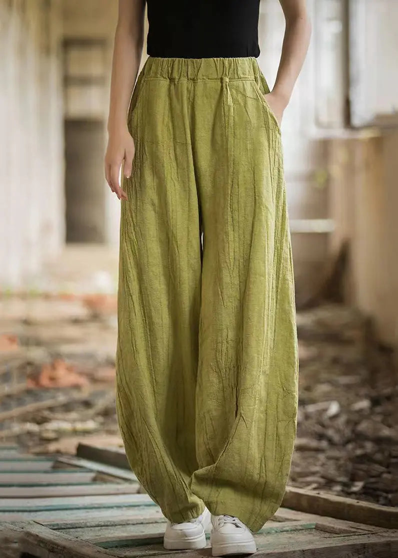 Women Green Pockets Elastic Waist Linen Pants Summer Ada Fashion