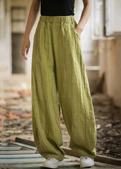 Women Green Pockets Elastic Waist Linen Pants Summer Ada Fashion