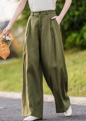 Summer Pants Straight Pockets Women Green Linen FashionChic