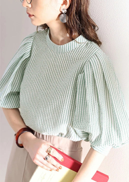 Cotton Sleeve Women Blouses Puff Striped Green FashionChic