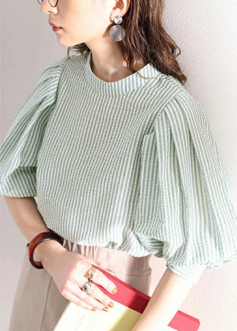 Cotton Sleeve Women Blouses Puff Striped Green FashionChic
