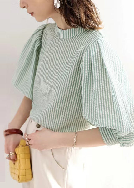 Cotton Sleeve Women Blouses Puff Striped Green FashionChic