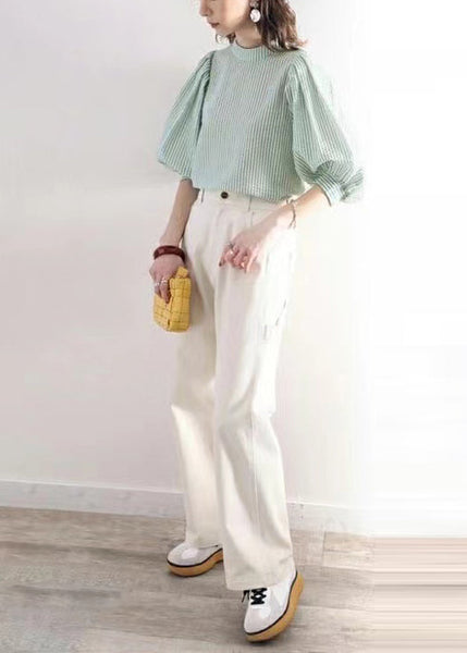 Cotton Sleeve Women Blouses Puff Striped Green FashionChic