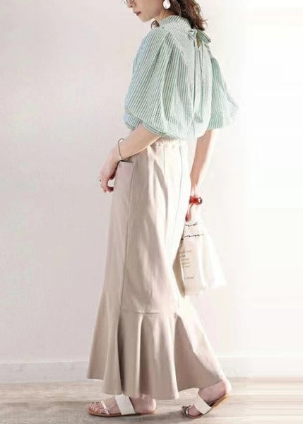 Cotton Sleeve Women Blouses Puff Striped Green FashionChic