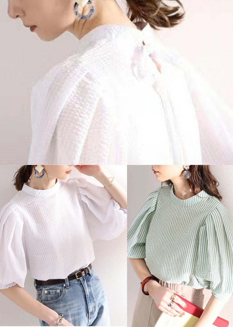 Cotton Sleeve Women Blouses Puff Striped Green FashionChic