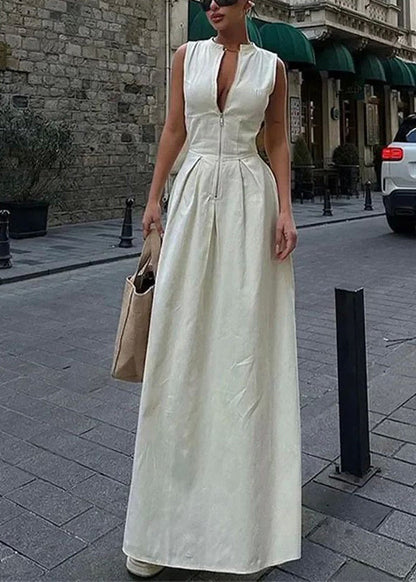 Collar Slim Green Pleated Round Dress Women Maxi Sleeveless FashionChic