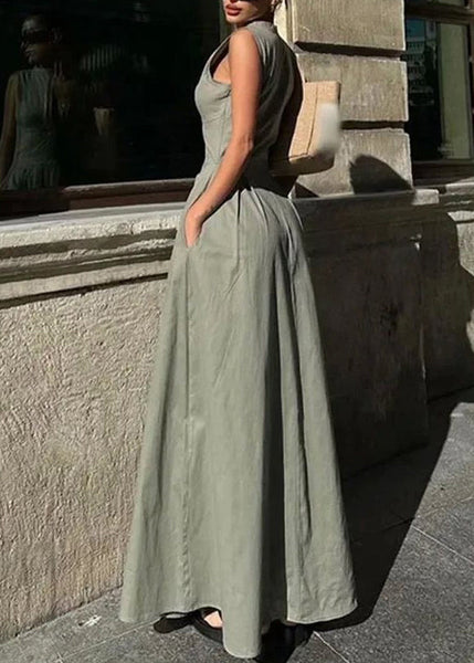 Collar Slim Green Pleated Round Dress Women Maxi Sleeveless FashionChic