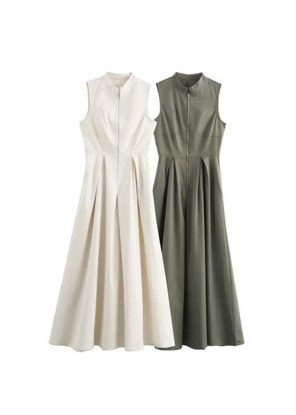 Collar Slim Green Pleated Round Dress Women Maxi Sleeveless FashionChic