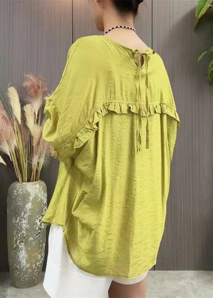 Women Green Ruffled Lace Up Linen T Shirt Batwing Sleeve MN095 MMDM-HTP240704