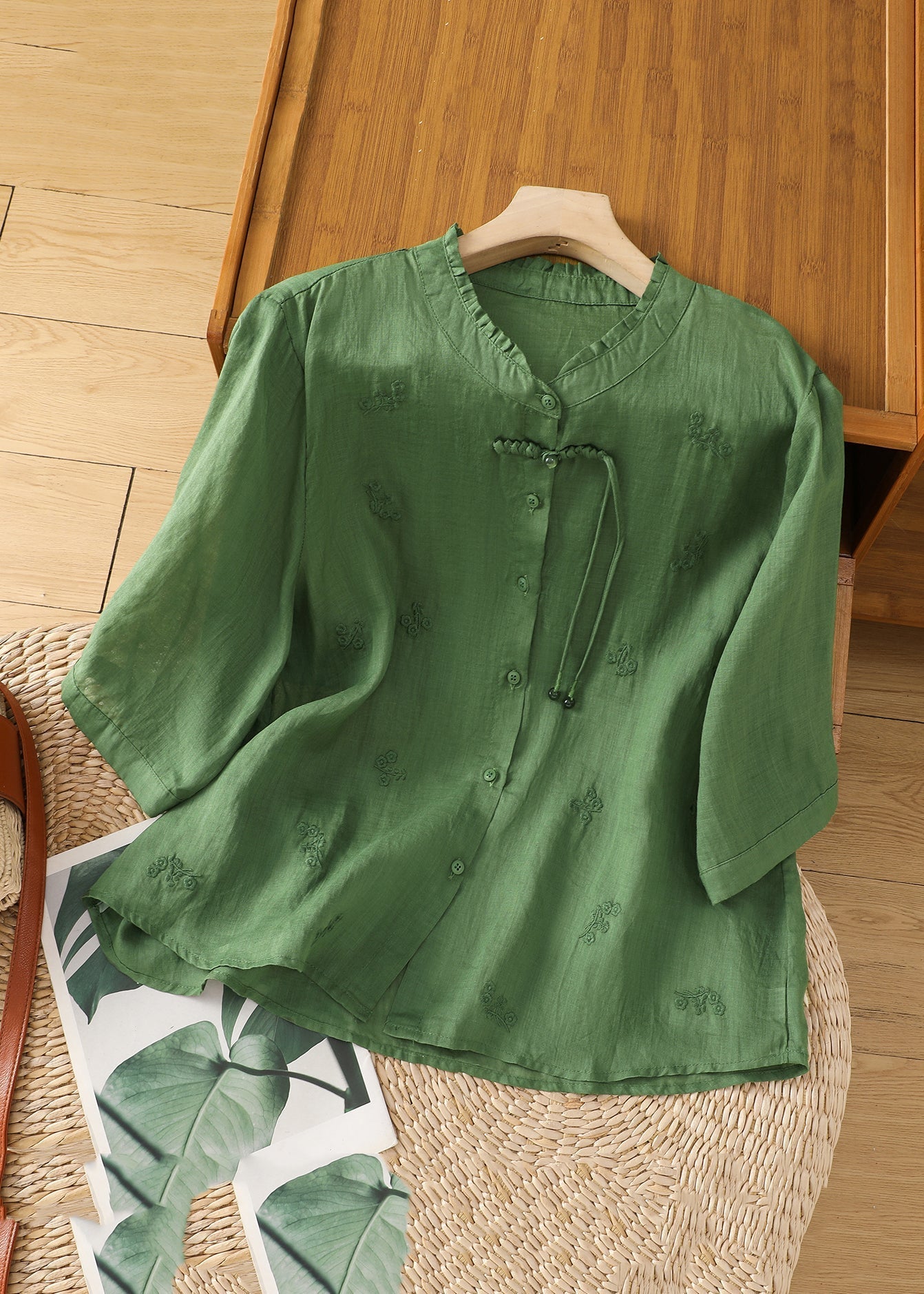 Women Green Stand Collar Embroidered Shirts Summer AP030 GK-HTP240718