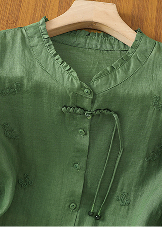 Women Green Stand Collar Embroidered Shirts Summer AP030 GK-HTP240718