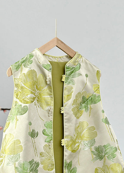 Women Green Stand Collar Print Button Satin Waistcoat Fall AG1041 OM-ZS240913