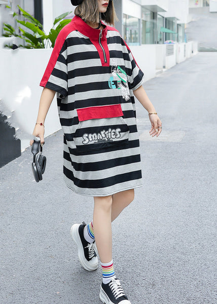 Women Green Stand Collar Striped Patchwork Cotton Mid Dress Summer TR008 MZF-SDM240727