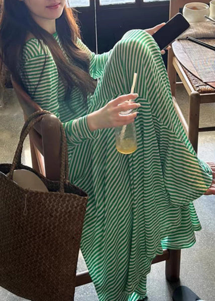 Women Green Striped Backless Cotton T Shirt Dress Long Sleeve KK042 SH-LF-FDL240602