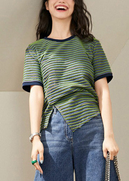 Women Green Striped Side Open Knitting Cotton T Shirt Summer TU003