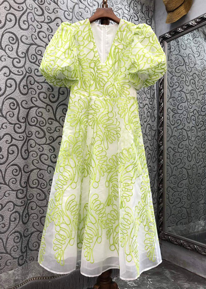 Women Green V Neck Embroidered Cotton Mid Dress Summer ZL079 SH-LF-SDM240621