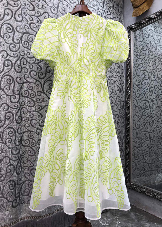 Women Green V Neck Embroidered Cotton Mid Dress Summer ZL079 SH-LF-SDM240621