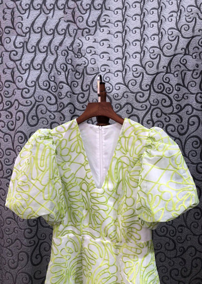 Women Green V Neck Embroidered Cotton Mid Dress Summer ZL079 SH-LF-SDM240621