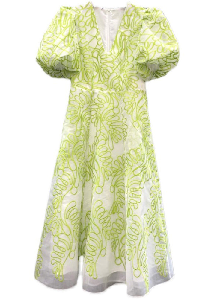 Women Green V Neck Embroidered Cotton Mid Dress Summer ZL079 SH-LF-SDM240621