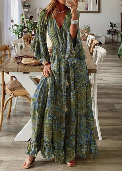Sleeve Maxi Print Green Dresses V Flare Neck Cotton Women FashionChic